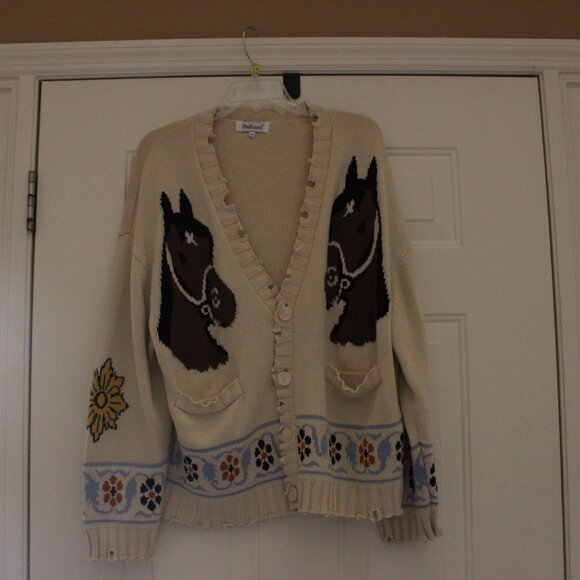 Free People x PROFOUND Oversize Floral Horses Distressed Cardigan Sz XS runs big - Picture 2 of 4